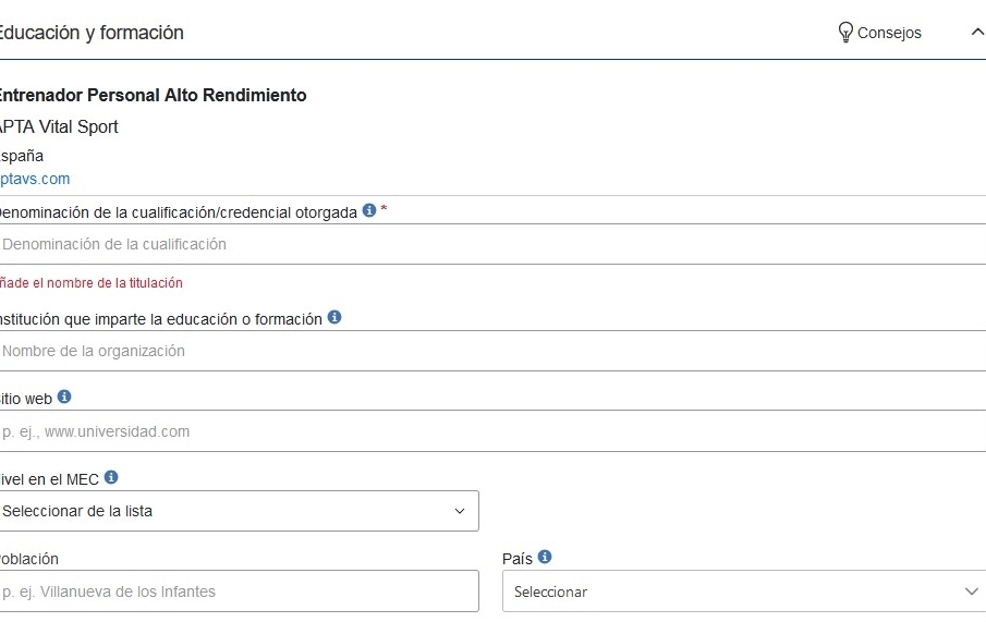 Incluir formación académica y formaciones