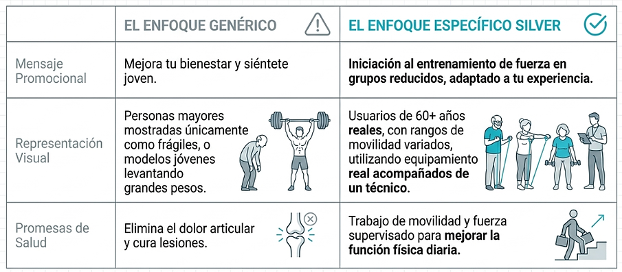 Tabla comparativa de estrategias de marketing en gimnasios: enfoque genérico frente al enfoque específico Silver para mayores de 60 años
