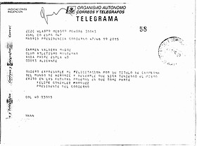 Reconocimiento a Carmen Valderas: Telegrama de la Presidencia del Gobierno