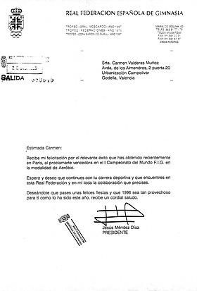 Reconocimiento a Carmen Valderas: Real Federación Española de Gimnasia